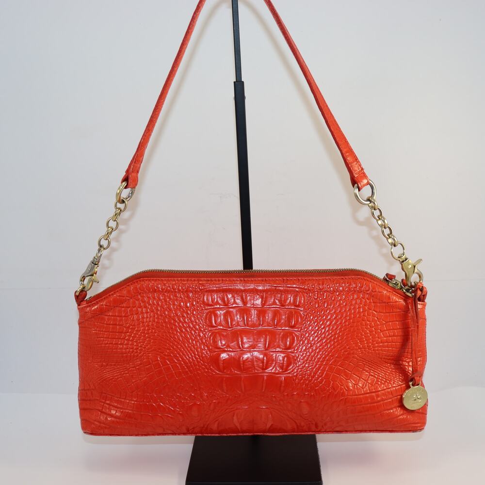 Brahmin Orange Croc‎ Embossed Leather Shoulder Bag Gold Chain Strap